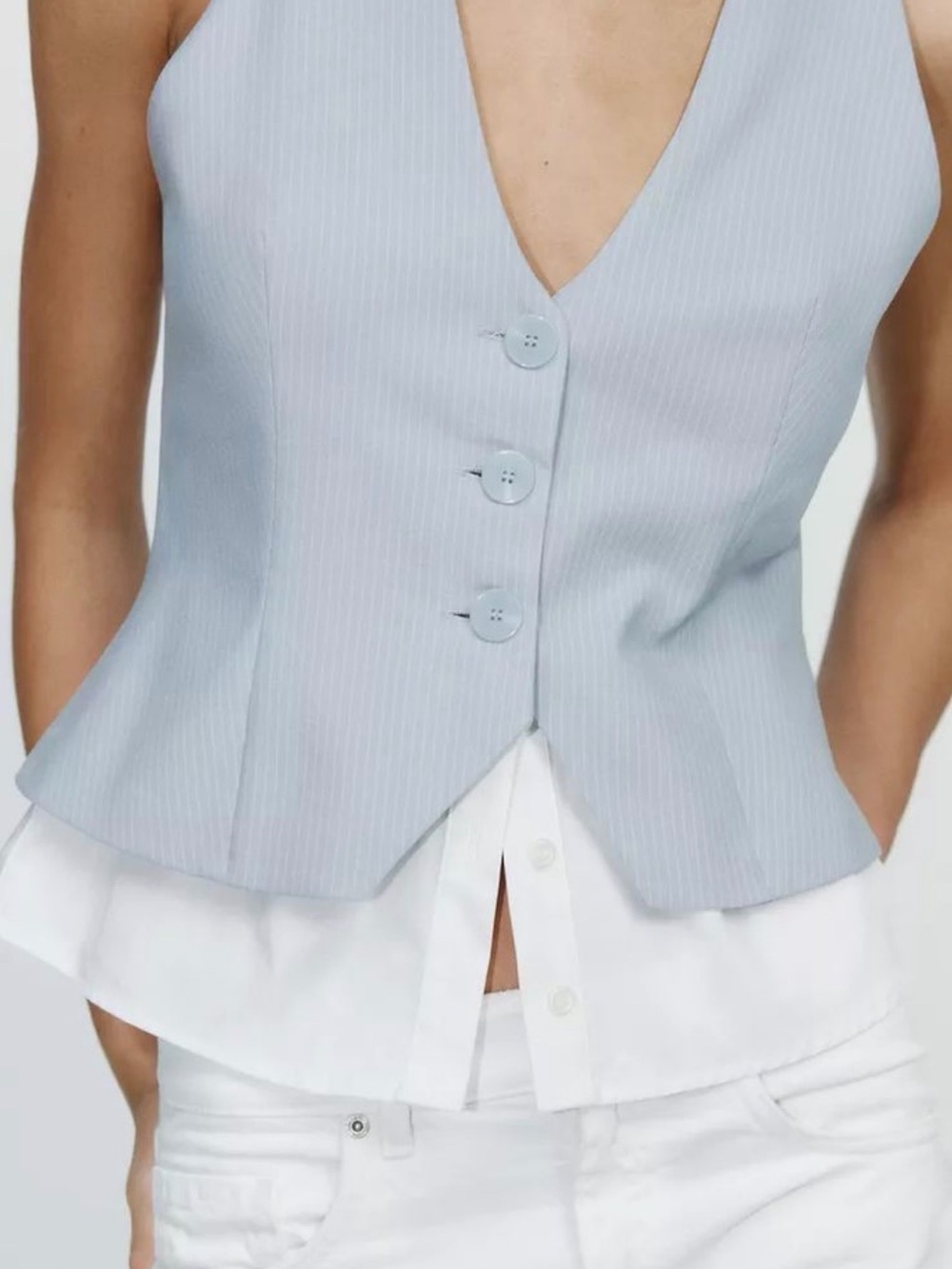 Tailored V-Neck Button Vest in Light Blue